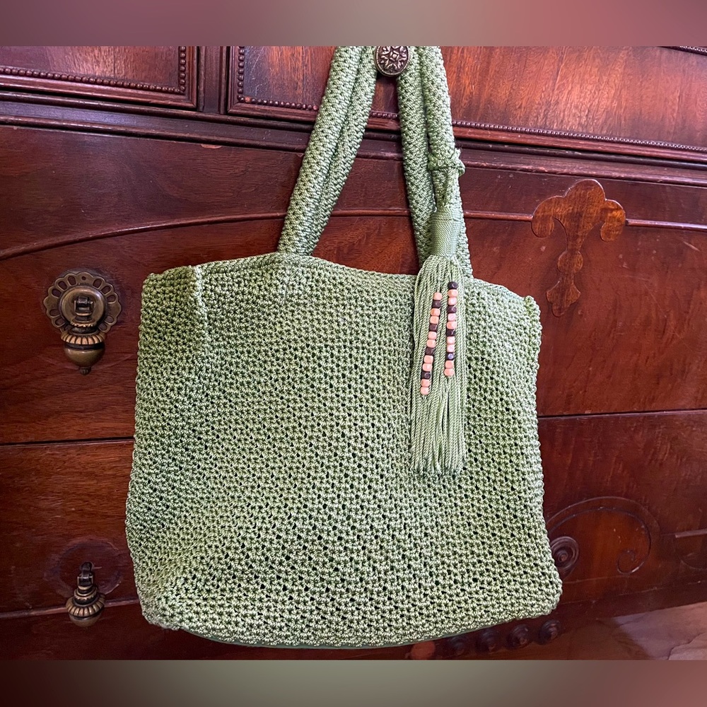Relativity Green Woven Handbag with tassels